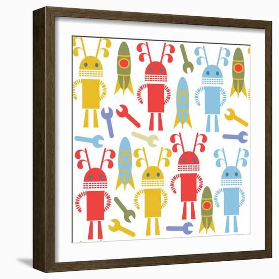 Colorful Cute Robots and Monsters Pattern-Luizavictorya72-Framed Art Print