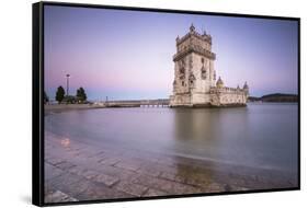 Colorful Dusk on the Tower of Belem, UNESCO World Heritage Site, Reflected in Tagus River-Roberto Moiola-Framed Stretched Canvas