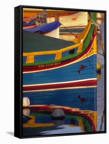 Colorful Fishing Boat Reflecting in Water, Malta-Robin Hill-Framed Stretched Canvas