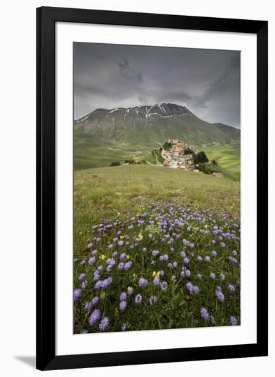 Colorful flowers in bloom frame the medieval village, Castelluccio di Norcia, Umbria, Italy-Roberto Moiola-Framed Photographic Print