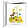 Colorful Funny Cartoon Farm Domestic Animals Pyramid Composition Card. Countryside Cottage Animals-Popmarleo-Framed Premium Giclee Print
