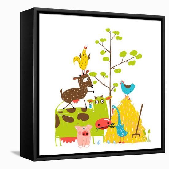 Colorful Funny Cartoon Farm Domestic Animals Pyramid Composition Card. Countryside Cottage Animals-Popmarleo-Framed Stretched Canvas