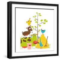 Colorful Funny Cartoon Farm Domestic Animals Pyramid Composition Card. Countryside Cottage Animals-Popmarleo-Framed Art Print