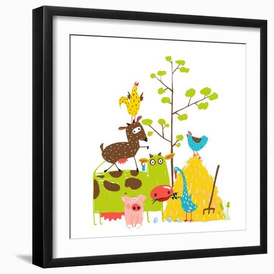 Colorful Funny Cartoon Farm Domestic Animals Pyramid Composition Card. Countryside Cottage Animals-Popmarleo-Framed Art Print