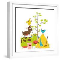 Colorful Funny Cartoon Farm Domestic Animals Pyramid Composition Card. Countryside Cottage Animals-Popmarleo-Framed Art Print