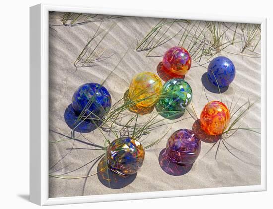 Colorful Glass Floats on Sand Dune, Oregon, USA-Jaynes Gallery-Framed Photographic Print