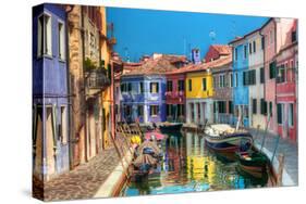 Colorful Houses and Canal on Burano Island, near Venice, Italy. Sunny Day.-Michal Bednarek-Stretched Canvas