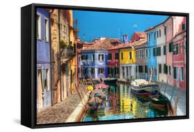 Colorful Houses and Canal on Burano Island, near Venice, Italy. Sunny Day.-Michal Bednarek-Framed Stretched Canvas