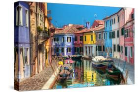 Colorful Houses and Canal on Burano Island, near Venice, Italy. Sunny Day.-Michal Bednarek-Stretched Canvas