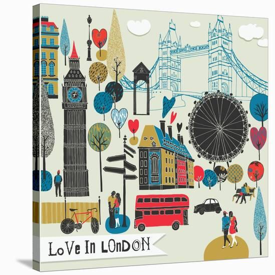Colorful Illustration of London Landmarks-Lavandaart-Stretched Canvas