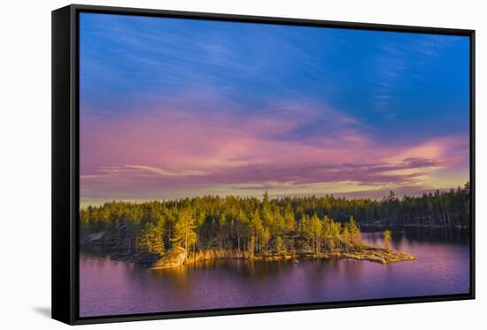 Colorful Landscape with Pines Trees, Calm Lake and Beautiful Blue Sky at Sunset Sunlight. Karelia R-SergeBertasiusPhotography-Framed Stretched Canvas