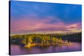 Colorful Landscape with Pines Trees, Calm Lake and Beautiful Blue Sky at Sunset Sunlight. Karelia R-SergeBertasiusPhotography-Stretched Canvas