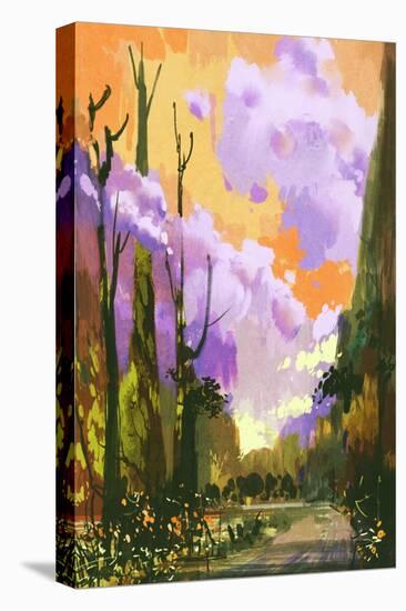 Colorful Landscape with Sunset Sky,Illustration Painting-Tithi Luadthong-Stretched Canvas