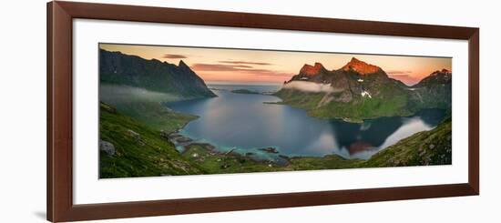 Colorful mountains and fjord with reflections on Moskenes, Lofoten, Nordland County, Norway-null-Framed Photographic Print