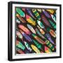 Colorful Oblique Seamless Pattern with Feathers from Exotic Birds or Peacocks Concept of Wildlife O-MSSA-Framed Art Print