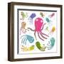 Colorful Octopus Isolated on White Cartoon Clip Art Collection. under the Sea Marine Life Cute Cart-Popmarleo-Framed Art Print