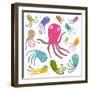 Colorful Octopus Isolated on White Cartoon Clip Art Collection. under the Sea Marine Life Cute Cart-Popmarleo-Framed Art Print