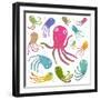 Colorful Octopus Isolated on White Cartoon Clip Art Collection. under the Sea Marine Life Cute Cart-Popmarleo-Framed Art Print