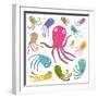 Colorful Octopus Isolated on White Cartoon Clip Art Collection. under the Sea Marine Life Cute Cart-Popmarleo-Framed Art Print