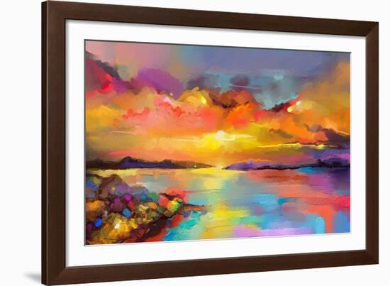 Colorful Oil Painting on Canvas Texture. Impressionism Image of Seascape Paintings with Sunlight Ba-Nongkran_ch-Framed Photographic Print