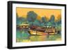 Colorful Painting of Boat for the Transportation on River,Illustration-Tithi Luadthong-Framed Art Print