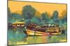 Colorful Painting of Boat for the Transportation on River,Illustration-Tithi Luadthong-Mounted Art Print