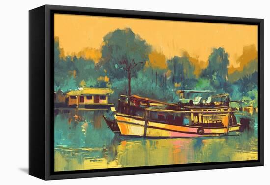 Colorful Painting of Boat for the Transportation on River,Illustration-Tithi Luadthong-Framed Stretched Canvas