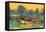 Colorful Painting of Boat for the Transportation on River,Illustration-Tithi Luadthong-Framed Stretched Canvas