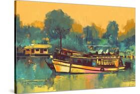 Colorful Painting of Boat for the Transportation on River,Illustration-Tithi Luadthong-Stretched Canvas