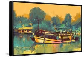 Colorful Painting of Boat for the Transportation on River,Illustration-Tithi Luadthong-Framed Stretched Canvas