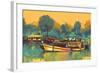 Colorful Painting of Boat for the Transportation on River,Illustration-Tithi Luadthong-Framed Art Print