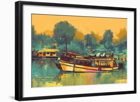 Colorful Painting of Boat for the Transportation on River,Illustration-Tithi Luadthong-Framed Art Print