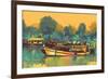 Colorful Painting of Boat for the Transportation on River,Illustration-Tithi Luadthong-Framed Art Print