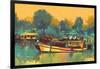 Colorful Painting of Boat for the Transportation on River,Illustration-Tithi Luadthong-Framed Art Print