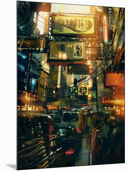 Colorful Painting of Shopping Street in Modern City,Illustration-Tithi Luadthong-Mounted Art Print