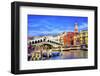 Colorful Rialto Bridge. Public Ferries, Grand Canal, Venice, Italy-William Perry-Framed Photographic Print