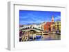 Colorful Rialto Bridge. Public Ferries, Grand Canal, Venice, Italy-William Perry-Framed Photographic Print