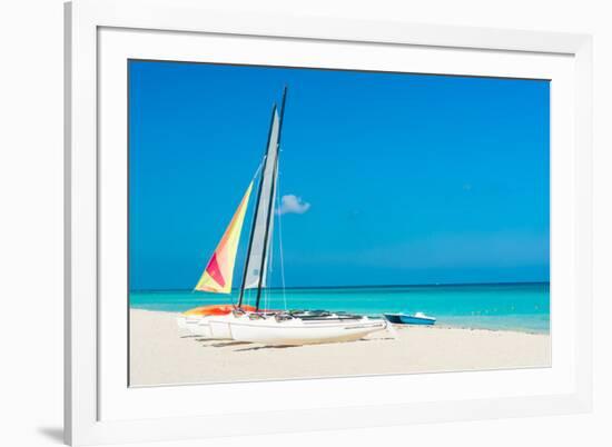 Colorful Sailing Boats for Rent on a Sunny Day at Varadero Beach in Cuba-Kamira-Framed Photographic Print