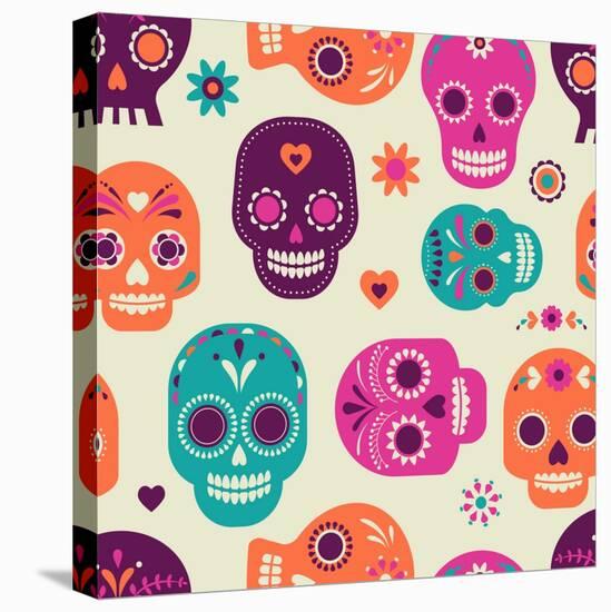 Colorful Skull Cute Pattern, Mexican Day of the Dead-Marish-Stretched Canvas