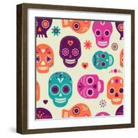 Colorful Skull Cute Pattern, Mexican Day of the Dead-Marish-Framed Art Print