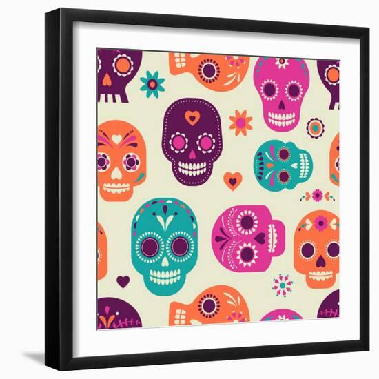 Colorful Skull Cute Pattern, Mexican Day of the Dead-Marish-Framed Art Print