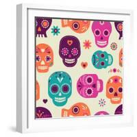 Colorful Skull Cute Pattern, Mexican Day of the Dead-Marish-Framed Art Print