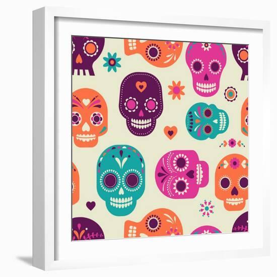 Colorful Skull Cute Pattern, Mexican Day of the Dead-Marish-Framed Art Print