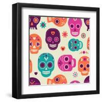 Colorful Skull Cute Pattern, Mexican Day of the Dead-Marish-Framed Art Print