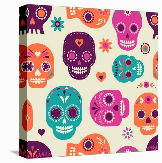 Colorful Skull Cute Pattern, Mexican Day of the Dead-Marish-Stretched Canvas