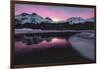 Colorful sky at sunrise on snowcapped mountains and frozen Lake Silvaplana, Maloja, Engadine-Roberto Moiola-Framed Photographic Print