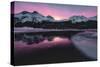 Colorful sky at sunrise on snowcapped mountains and frozen Lake Silvaplana, Maloja, Engadine-Roberto Moiola-Stretched Canvas
