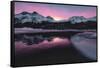 Colorful sky at sunrise on snowcapped mountains and frozen Lake Silvaplana, Maloja, Engadine-Roberto Moiola-Framed Stretched Canvas
