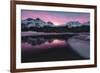 Colorful sky at sunrise on snowcapped mountains and frozen Lake Silvaplana, Maloja, Engadine-Roberto Moiola-Framed Photographic Print