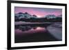 Colorful sky at sunrise on snowcapped mountains and frozen Lake Silvaplana, Maloja, Engadine-Roberto Moiola-Framed Photographic Print